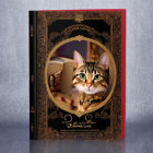 Ornate book cover with realistic cat illustration and intricate golden designs