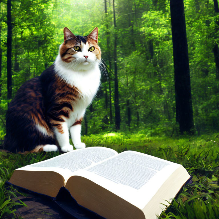 Calico Cat Beside Open Book in Green Forest