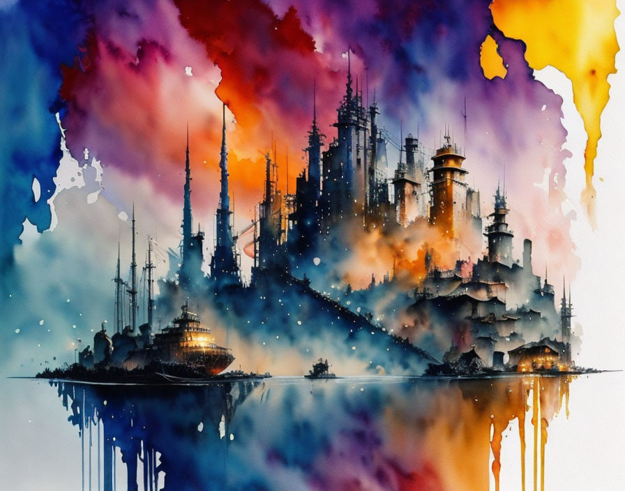 Fantastical cityscape watercolor painting with vibrant colors