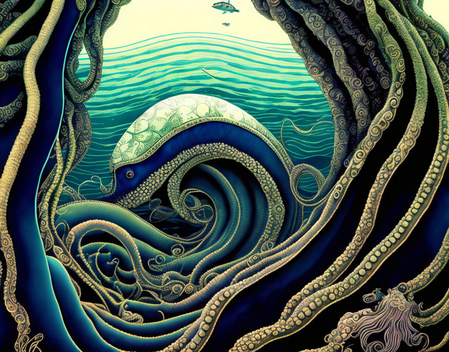 Stylized illustration of giant sea creature in swirling ocean waves