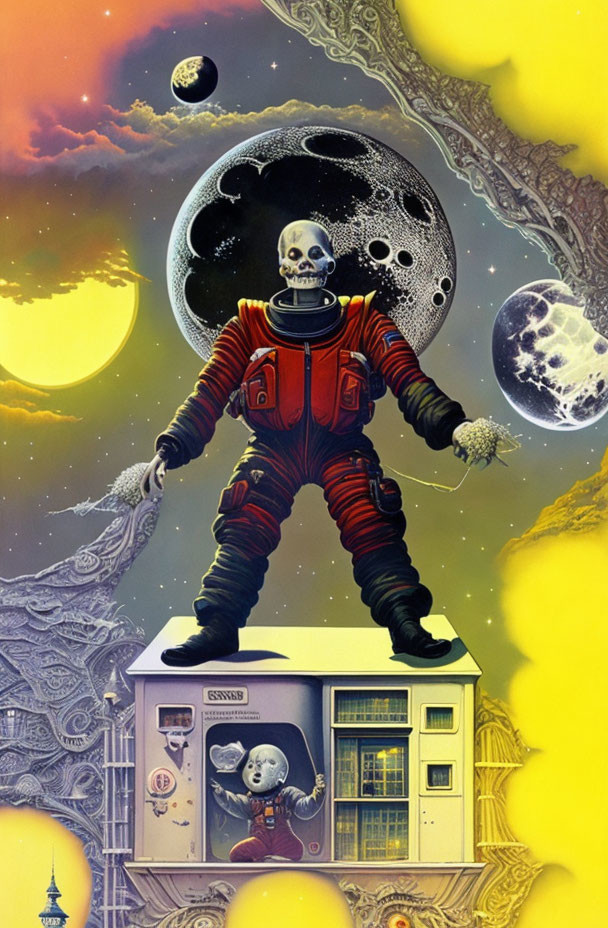 Skull-faced astronaut on vintage TV with child astronaut in surreal cosmic scene