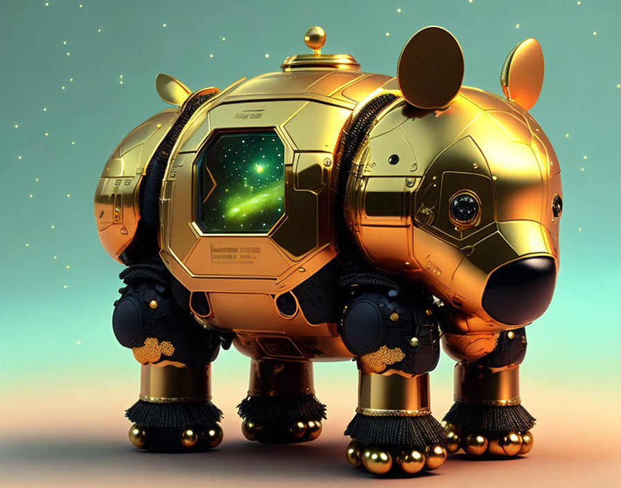 Futuristic golden robotic dog with space scene panel