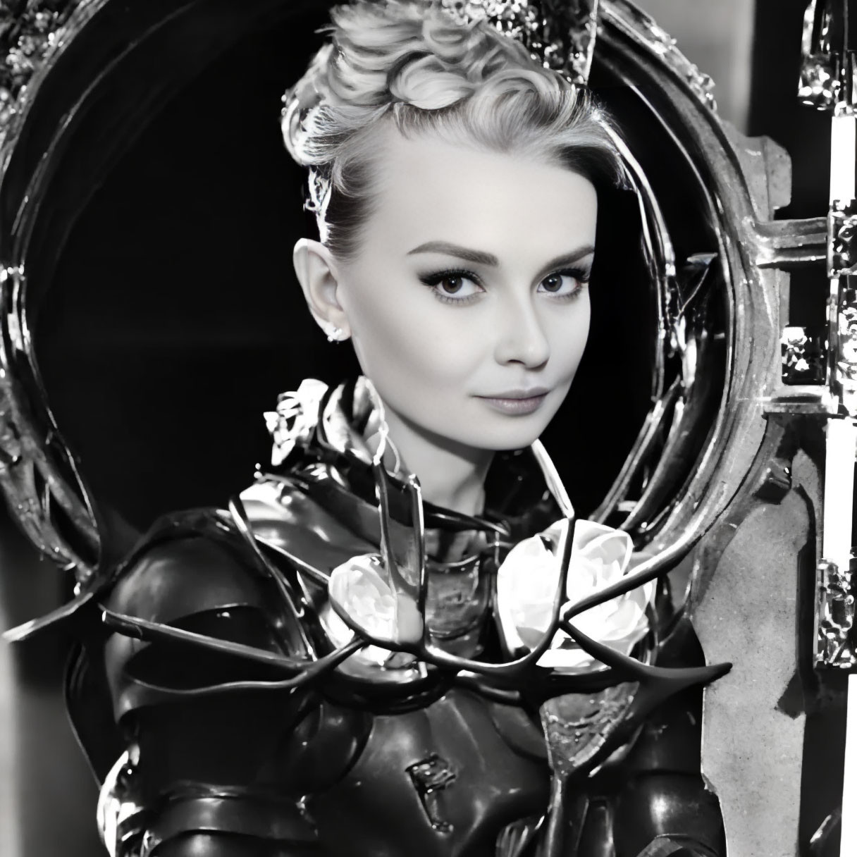 Monochrome photo of woman in futuristic armor with rose accents.