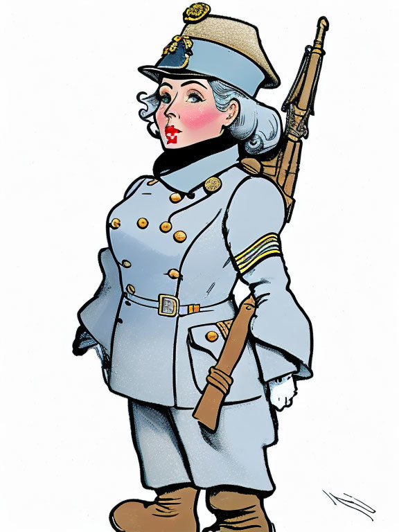 Female Military Character in Vintage Blue Uniform with Rifle and Red Lips