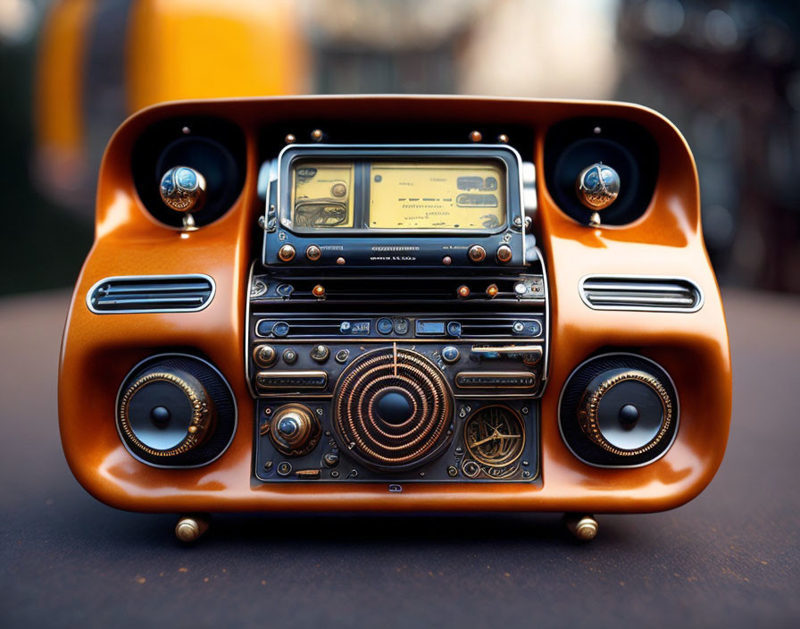 Vintage-Style Orange Radio with Cassette Player and Analog Meters