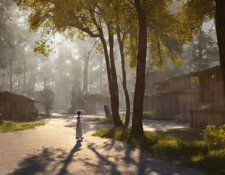 Tranquil village scene with person walking on dusty road surrounded by trees