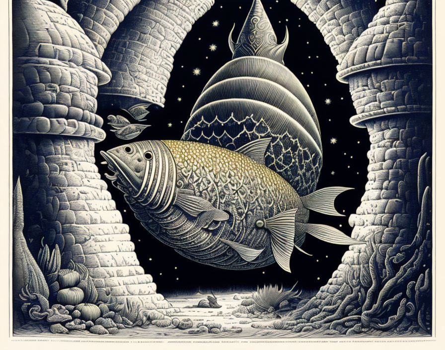 Detailed Black and White Fish Illustration Among Stone Arches Under Starry Sky