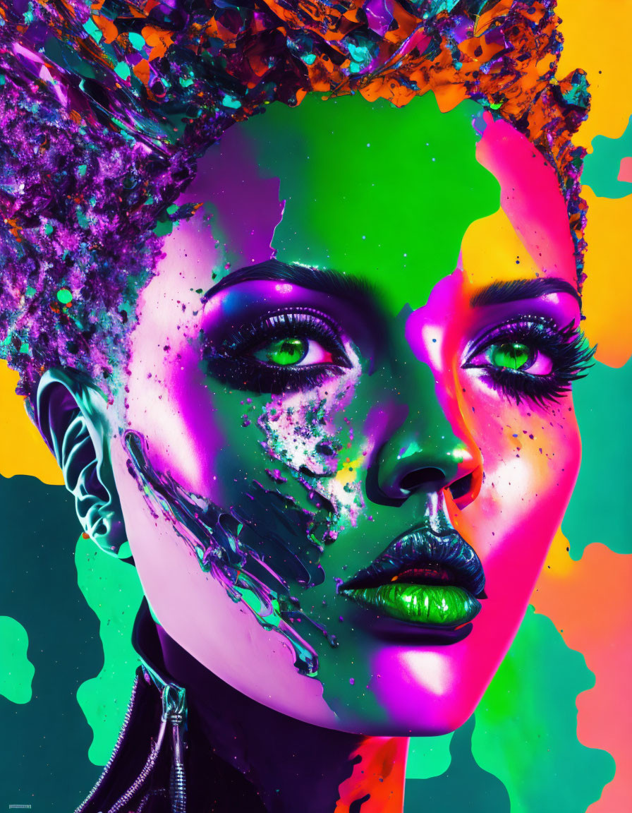 Colorful digital artwork: Woman's face with melting effects on neon backdrop