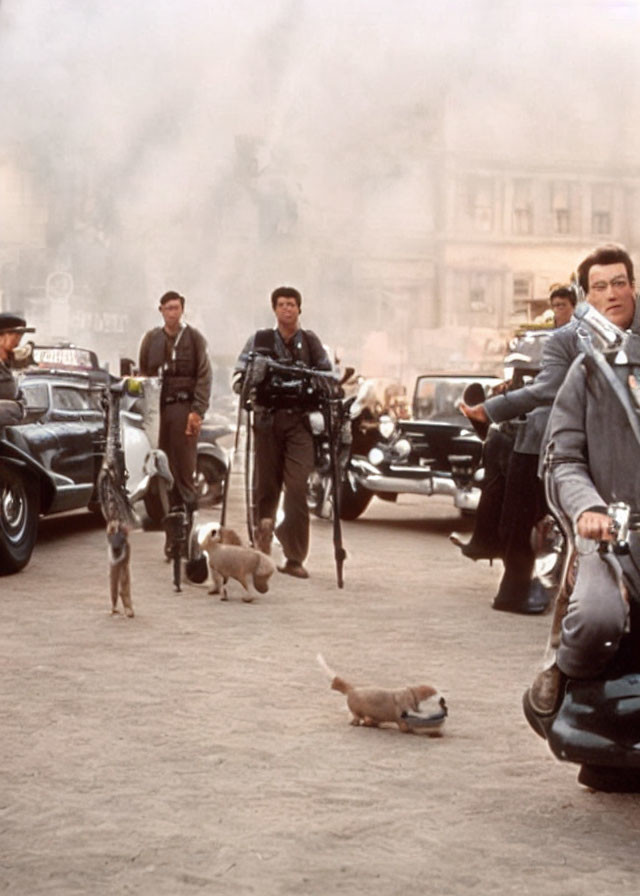 Vintage street scene with vehicles, man on scooter, camera, and dogs in smoky haze