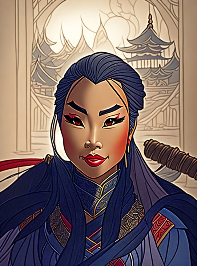 Illustrated portrait of a woman in striking makeup and traditional attire against oriental architectural backdrop.