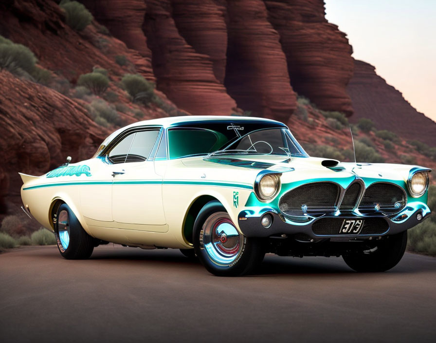 Vintage Two-Tone Car with Chrome Details in Desert Landscape