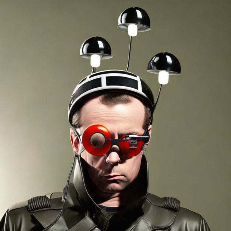 Man in quirky helmet with antennas and red-lens glasses on beige background