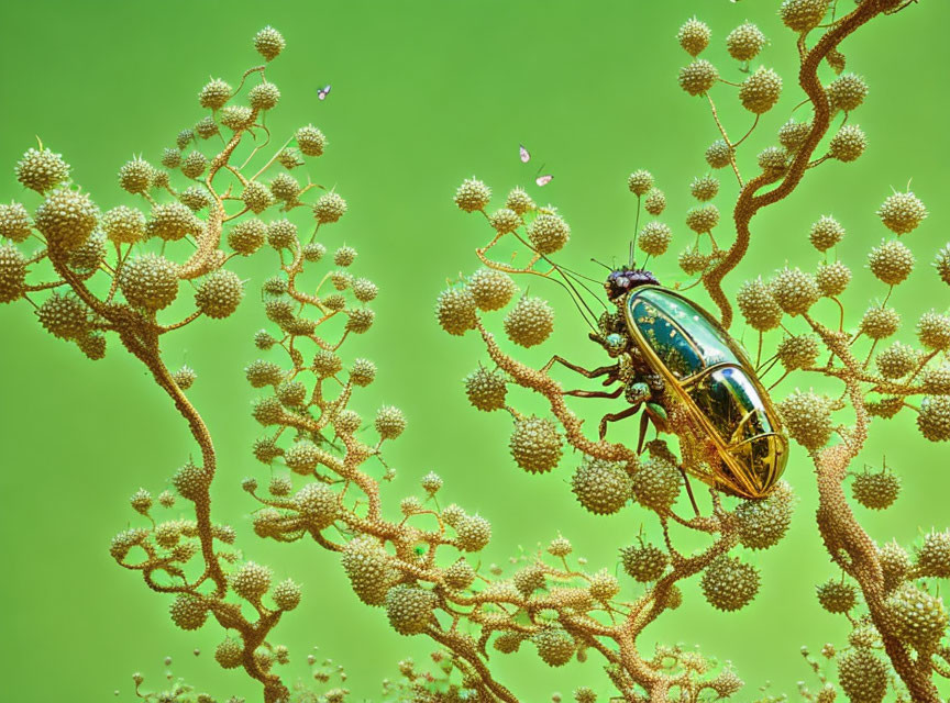 Shiny beetle on branch with spherical flowers and green background