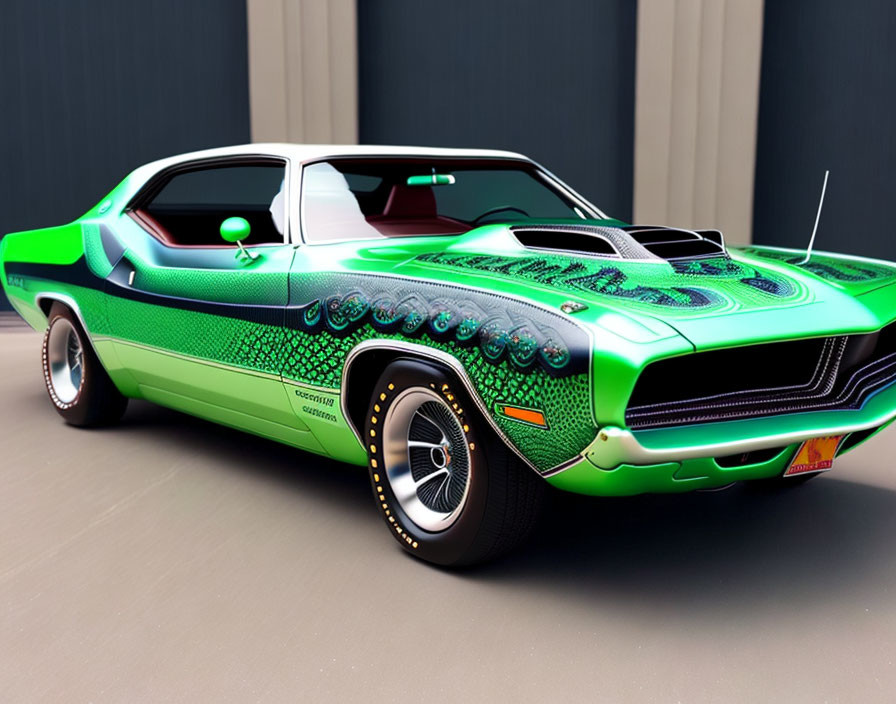 Vibrant Green Muscle Car with Custom Black Patterns and Hood Scoop