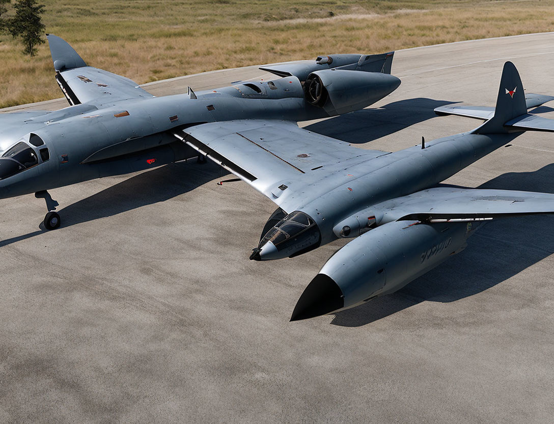 Military jet aircraft with swept wings and red stars parked on airstrip