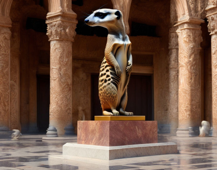 Meerkat on pedestal in grand hall with ornate pillars