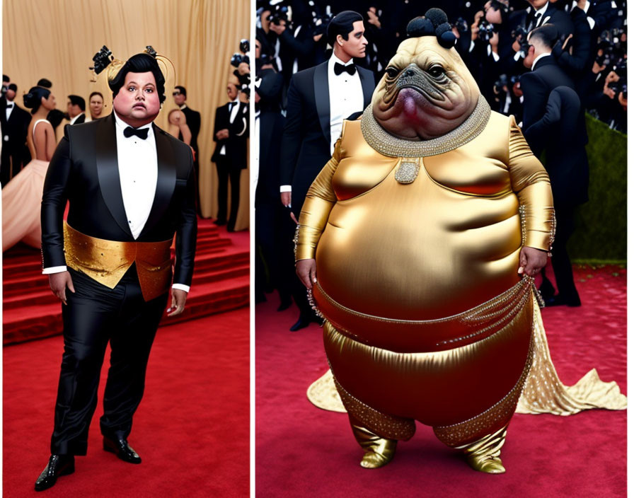 Split image: man in tuxedo vs. Jabba the Hutt character in gown