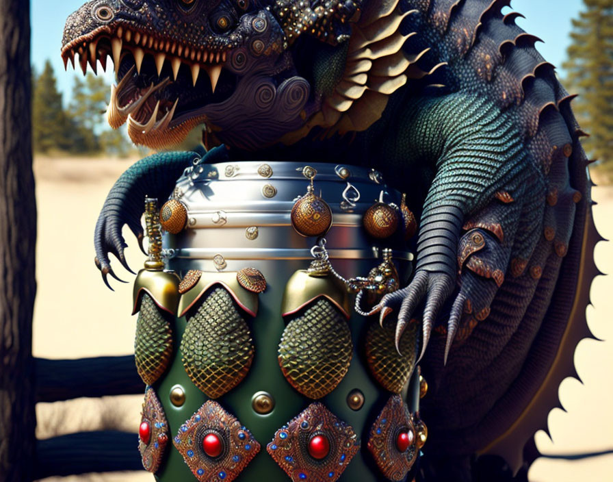 Fantasy dragon hugging decorated pot in desert scene