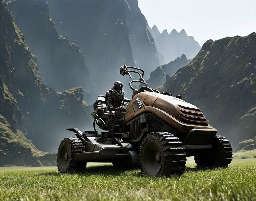 Knight-like figure on futuristic lawn mower in green valley with cliffs