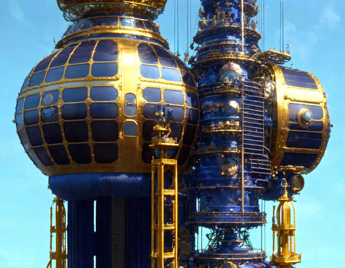 Ornate spherical elements in a floating structure under clear blue sky