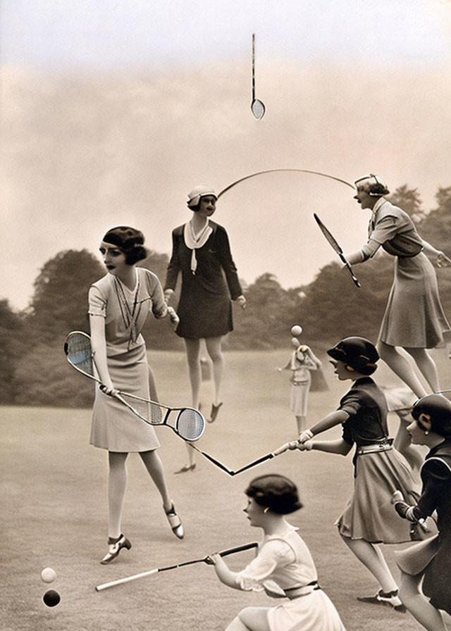 1920s Women Playing Tennis, Golf, and Croquet with Dramatic Motions