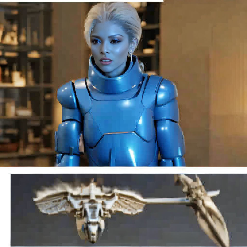 Female humanoid robot in blue armor with blurred spacecrafts.