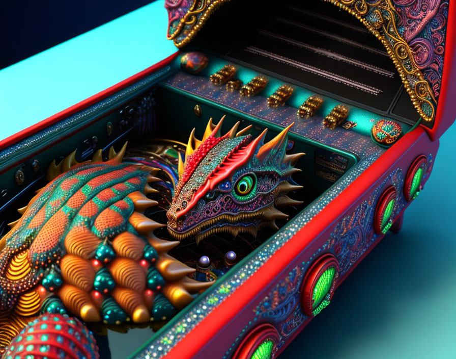 Colorful Dragon Model in Ornate Open Box on Blue-Green Background