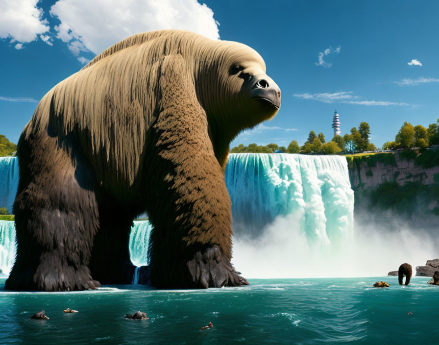 Gigantic furry creature near waterfall with pagoda in distance