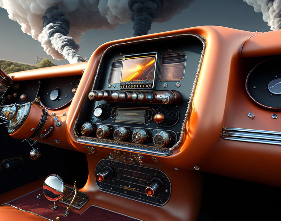 Vintage Car Dashboard with Orange Leather, Chrome Accents, and Sunset Display