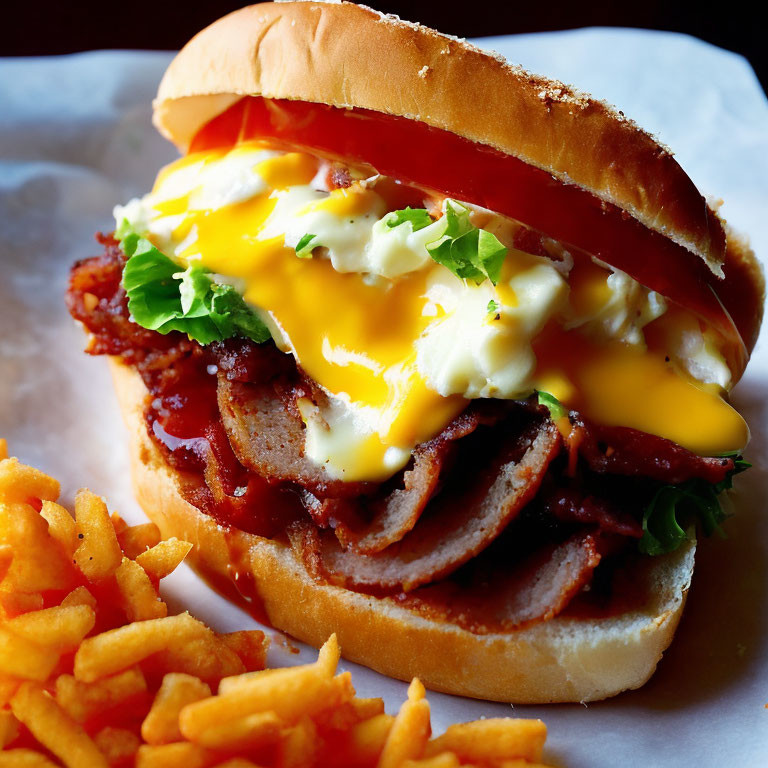 Savory bacon cheeseburger with creamy sauce and golden fries