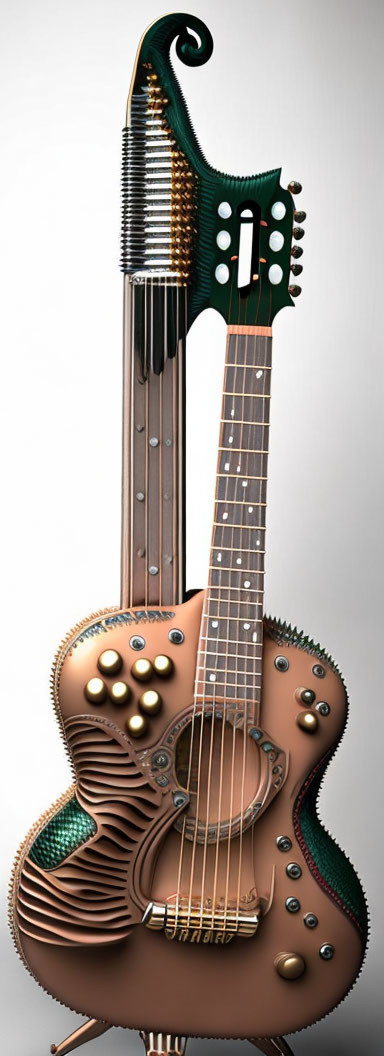 Intricate steampunk-inspired guitar with metal gears and pipes