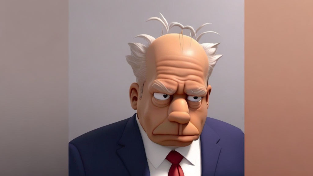 Grumpy 3D Cartoon Character in Blue Suit with Red Tie