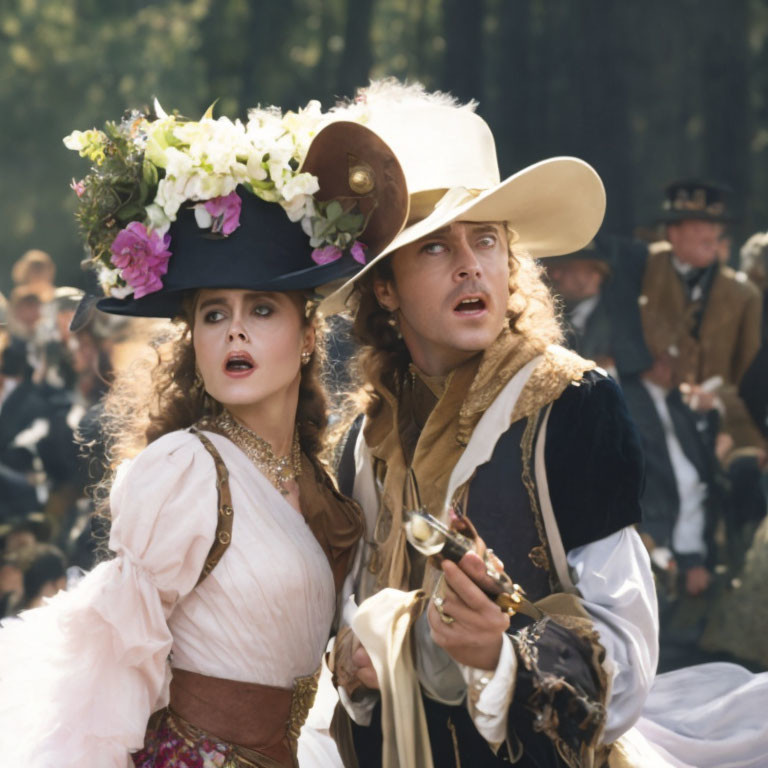 Victorian couple in period attire, man holding a pistol