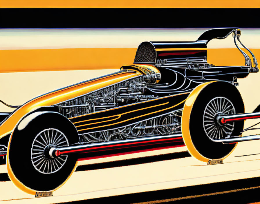 Stylized illustration of classic race car with exposed engine and suspension on warm striped background