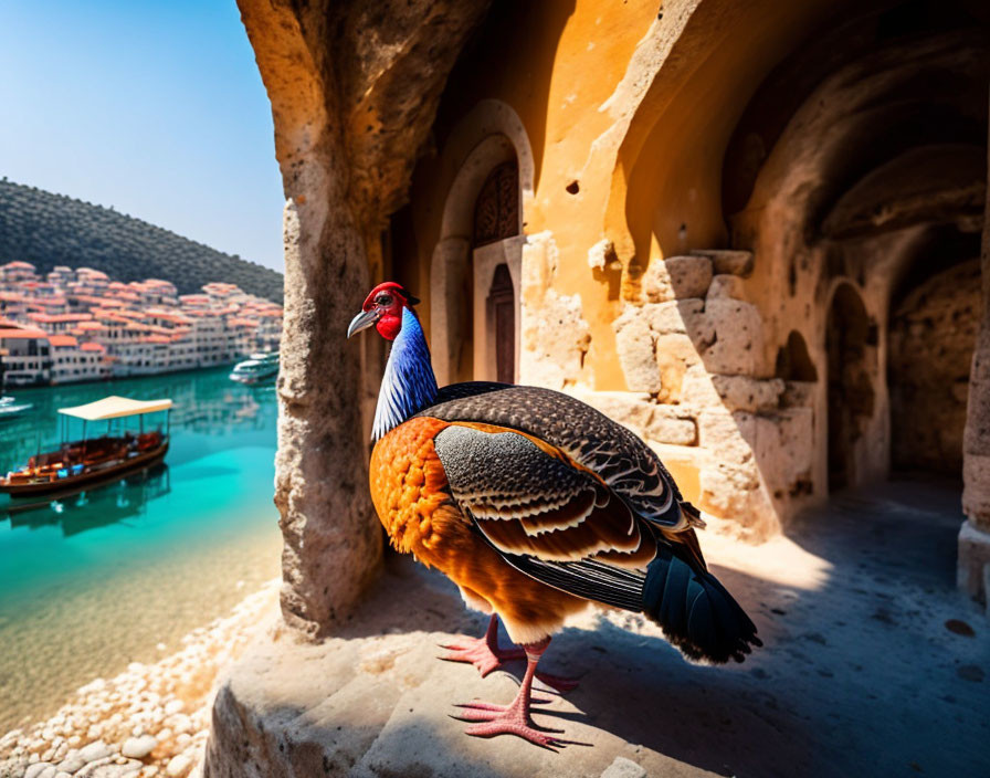 Vibrant pheasant on stone ledge with harbor view