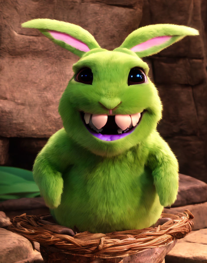 Green plush bunny with pink ears in wicker basket against rocky backdrop