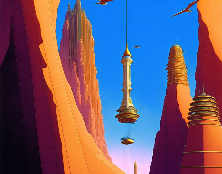 Fantastical desert landscape with towering sandstone spires and futuristic structure.