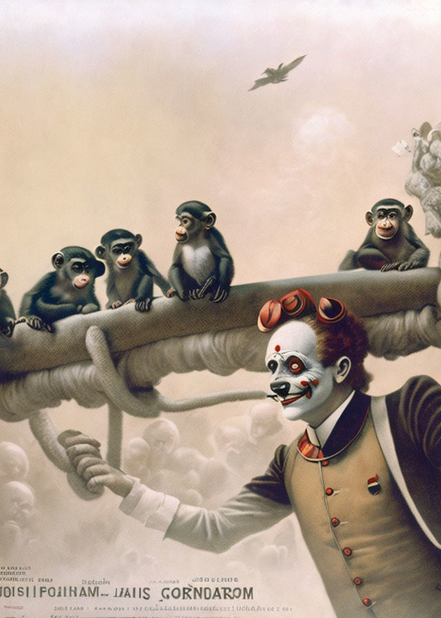 Surreal artwork with clown figure, monkeys, and vintage plane