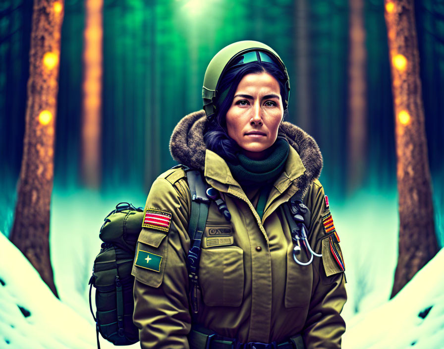 Woman in pilot's jacket and fur collar standing in forest with glowing lights