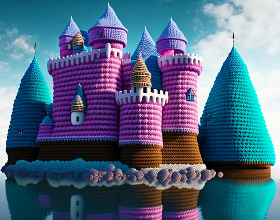 Colorful Knitted Texture Castle Reflecting in Tranquil Water