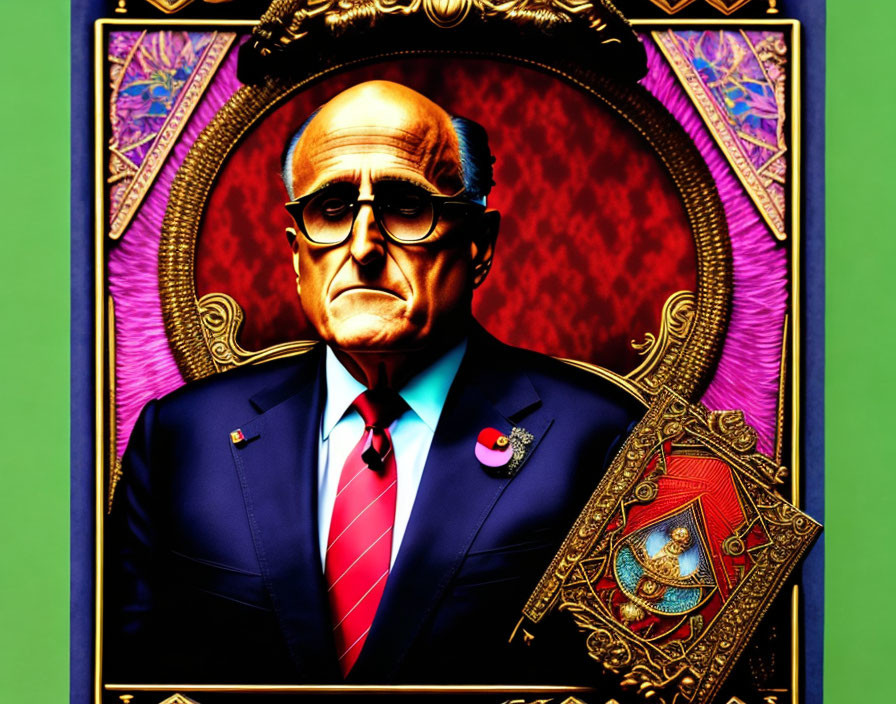 Detailed illustration of stern man in suit with tie and glasses on colorful backdrop with intricate designs and coat of