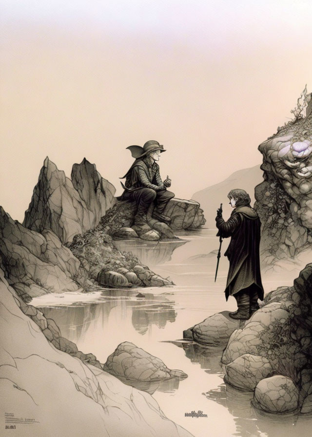 Monochrome illustration of two figures in historical attire by serene river