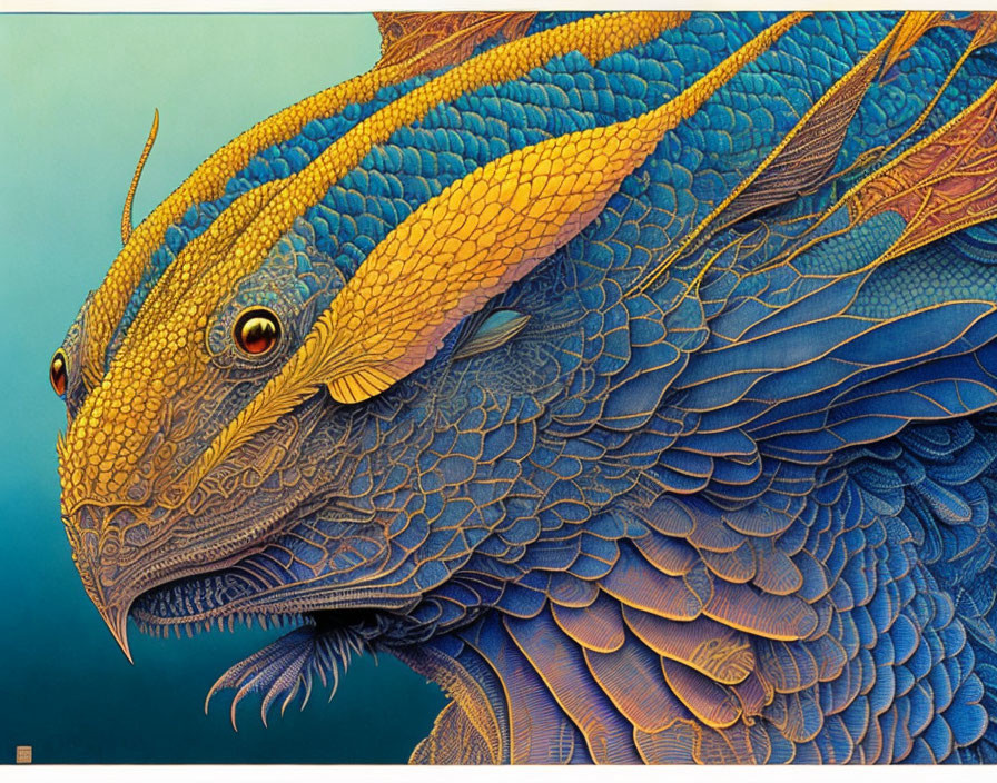 Detailed Dragon Head Illustration with Blue and Gold Scales