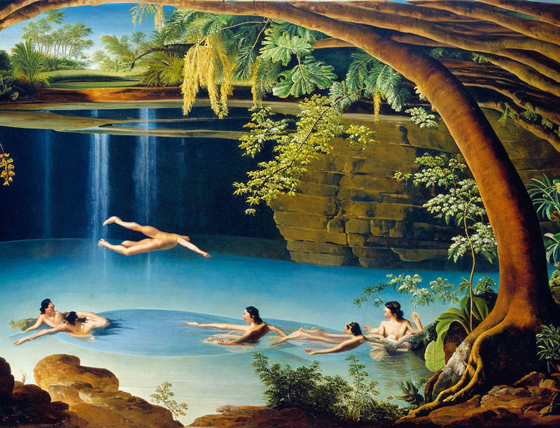 Colorful painting of four women swimming under a tropical waterfall