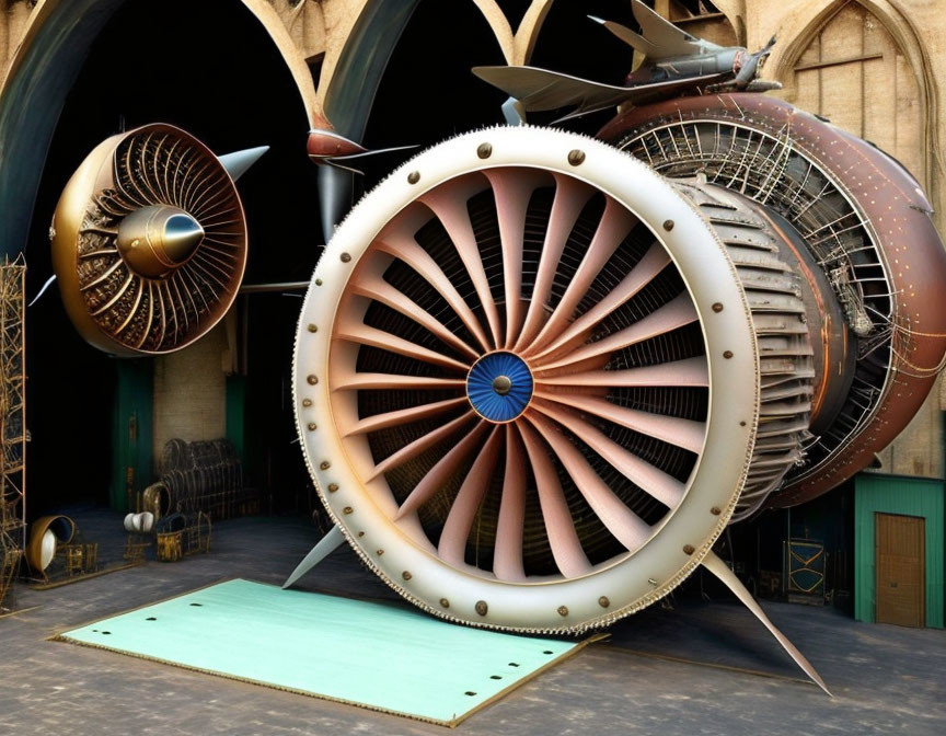 Detailed Steampunk-Style Propeller Engine in Warehouse Environment