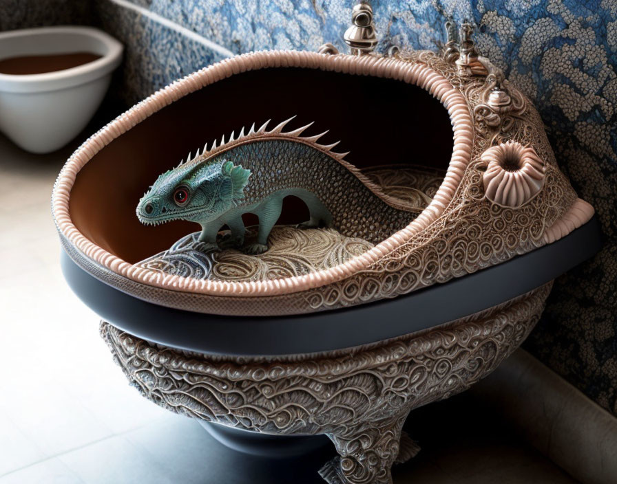 Iguana resting in ornately decorated round sink with intricate patterns