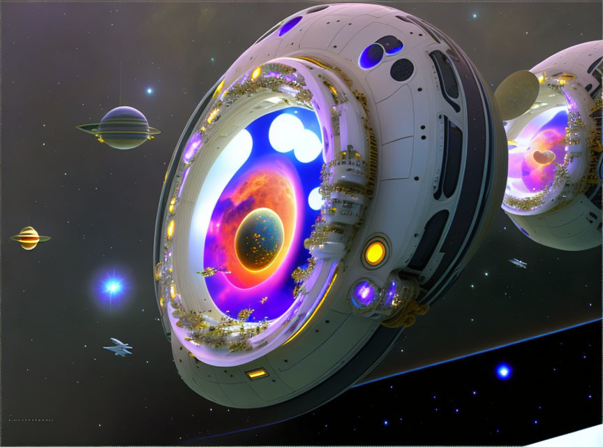 Futuristic spacecraft with large windows orbiting vibrant cosmos