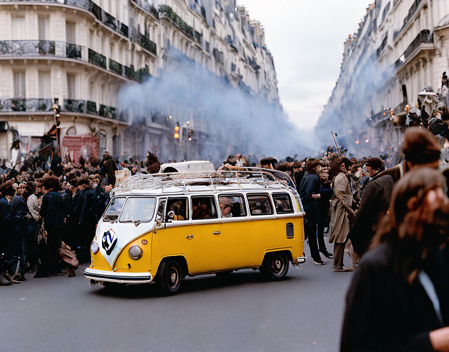 Vintage Yellow Volkswagen Bus Surrounded by Crowd on City Street