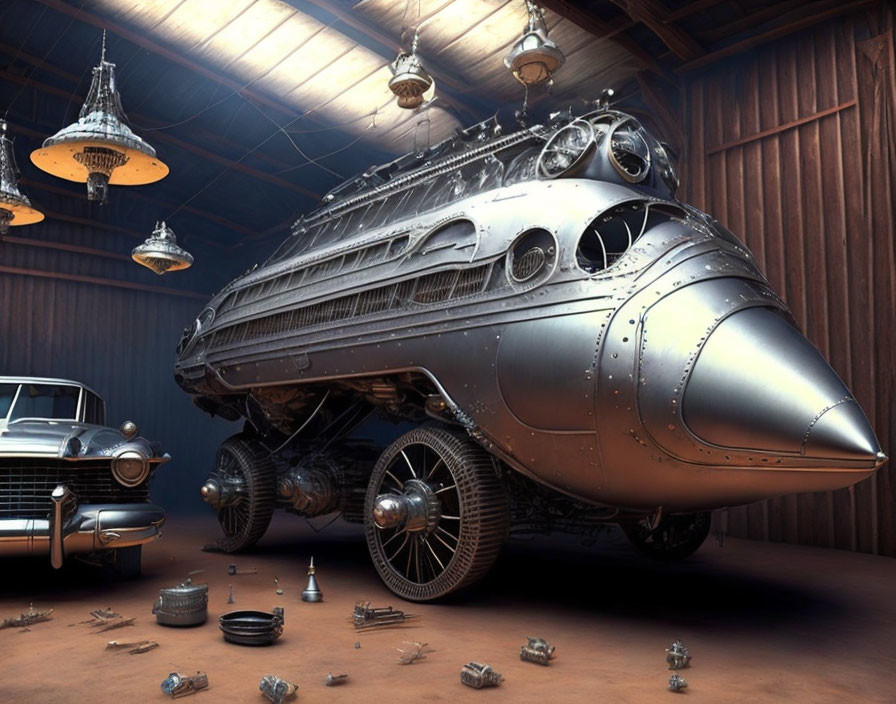 Vintage submarine-like vehicle with large wheels in wooden hangar with classic car and mechanical parts.