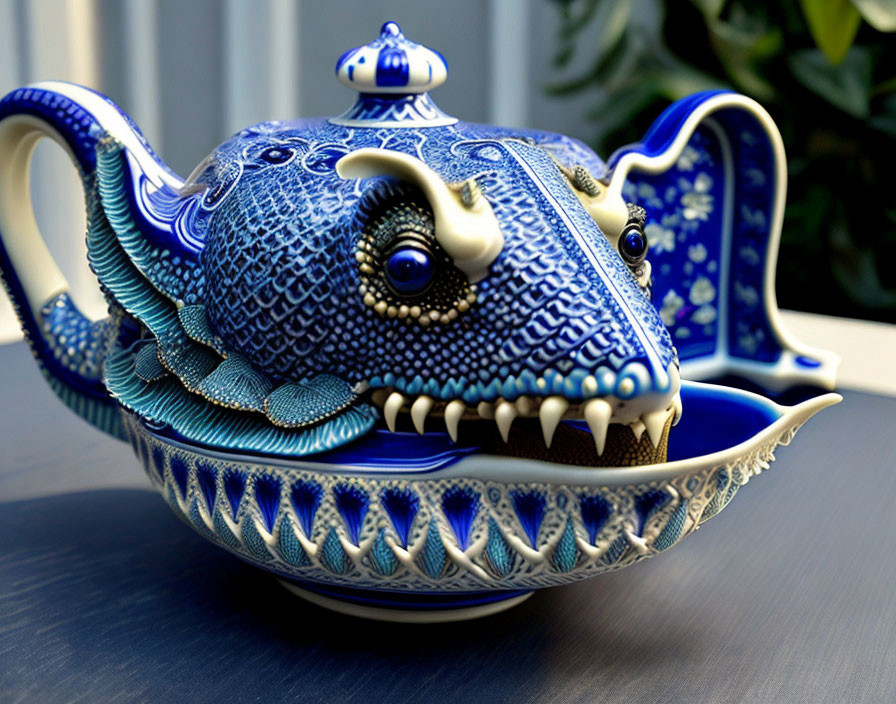 Blue and White Porcelain Teapot: Dragon Design with Intricate Scales and Teeth